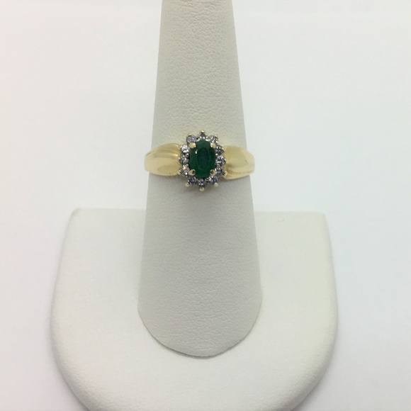 Jewelry - 14k Yellow Gold Emerald and Diamonds Halo Ring